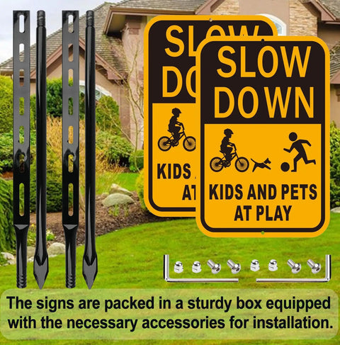 Slow Down Kids At Play Safety Signs In Yellow And Black Reflective Aluminum 14 By 10 Inches Weatherproof Outdoor Signs 2 Pack