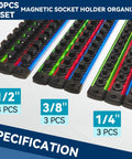 Magnetic Socket Organizer Set With Nine Detachable Trays For One Quarter Three Eighths And One Half Inch Sockets shown in size range with trays.