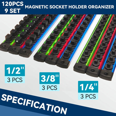 Magnetic Socket Organizer Set With Nine Detachable Trays For One Quarter Three Eighths And One Half Inch Sockets shown in size range with trays.