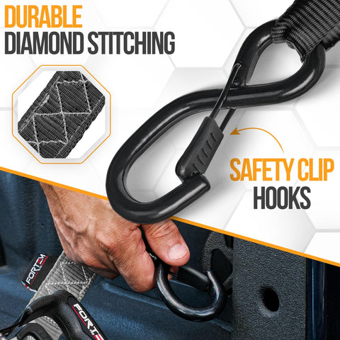 Beefed Up Heavy Duty Ratchet Tie Down Straps Set, 4 Pack 10 Ft By 1.5 In With 5208 Lb Break Strength, safety clip hooks detail