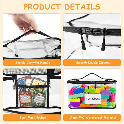Four views showing 6 Pack Extra Large Clear Toy Storage Bags With Name Tags And Mesh Pockets Waterproof PVC Organizer For Toys