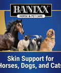 All-In-One Horse And Pet Grooming Spray For Horses, Dogs And Cats Daily Skin, Coat, And Hoof Care Alcohol-Free Non-Staining No Odor Made In USA 8 oz Safe For Daily Grooming At Home Or On The Road banner with images of a horse, cat, goat, and dog.