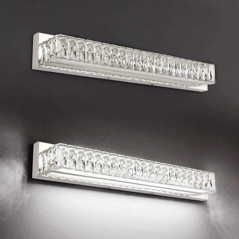 Modern Over Mirror Bathroom Light Fixture 30 Inch LED Vanity Bar Crystal Chrome Dope White Daylight 6000K Energy Efficient Easy Install Luxury Bath Lighting With Crystal Glass Diffusers, featuring dual rows of crystal diffusers in chrome finish.