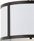 Close-up of Oil Rubbed Bronze LED Pendant Light For Kitchen Island With White Linen Drum Shade detail.