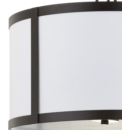 Close-up of Oil Rubbed Bronze LED Pendant Light For Kitchen Island With White Linen Drum Shade detail.