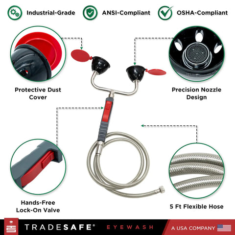 Go To Heavy Duty Eye Wash Station With Dual Head Drench Hose For Emergency Use, Wall And Deck Mounted, OSHA ANSI Compliant