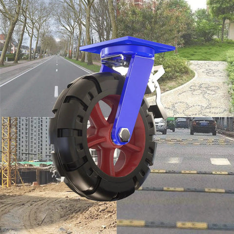 Heavy Duty Industrial Caster Pair With Solid Rubber Tires Swivel And Fixed Mount Built Like A Tank Integrated Brake close-up view on concrete.