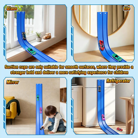 15Ft Flexible Race Car Track For Kids With Suction Cups Easy Setup Roll Up Portable Racetrack on glass, tile, mirror, refrigerator