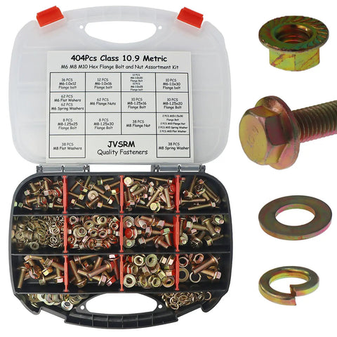 Workhorse 404 Piece Metric Flange Bolt Kit With Matching Nuts And Washers For M6 M8 M10 Sizes In Auto Shops And Weekend Builds Class 10.9 hardware assortment in storage case.