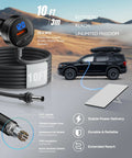 Straight Shot Car Power Adapter For Mini Internet Setup With Ten Foot Thick Copper Cable Plugs Right Into 12 To 24 Volt Vehicle Jack No Inverter Bloat 60w Usb C Quick Charge For Road Trips, showing 10 ft cable and vehicle.