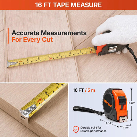 16 ft tape measure from All-In-One 45-Piece Laminate Flooring Tools Kit With Pro Grade Pull Bar, Tapping Block, 40 Spacers, Mallet