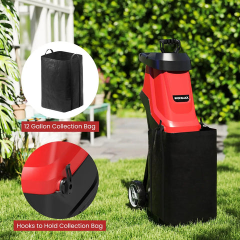 Powerful 15 Amp Corded Wood Chipper Shredder with Collection Bag and Wheel Kit in garden setting