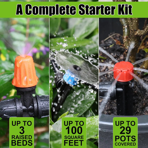 Effortless 100 Foot Drip Irrigation System Kit with 30 adjustable nozzles and tubing for garden greenhouse patio lawn auto watering.