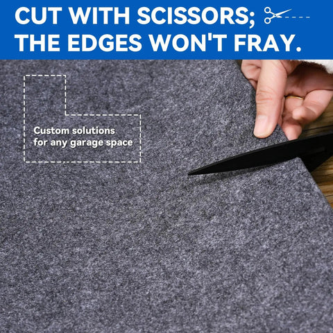 Person cutting Triple Layer Garage Floor Mat with Waterproof Barrier and Non Slip Backing for custom size garage use.
