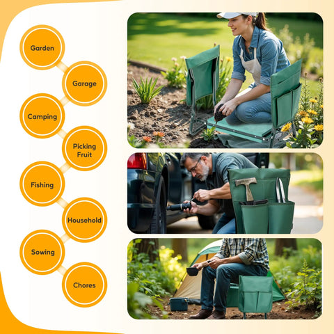 All In One Garden Kneeler And Seat Foldable Stool With Thick EVA Foam Pad Heavy Duty Bench With Tool Pouch for outdoor tasks.