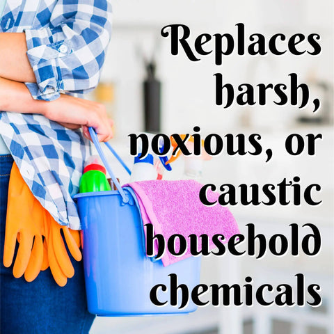Person holding cleaning supplies with text promoting eco-friendly alternative to harsh chemicals