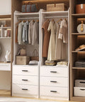 Spacious White Wardrobe Closet System With Three Deep Drawers And A Sturdy Hanging Rod To Keep Your Fits Shirts And Jeans Square While Giving Your Room A Clean Vibe And Making Daily Storage Super Easy Without Any Sweat, showcasing hanging clothes and organized drawers.