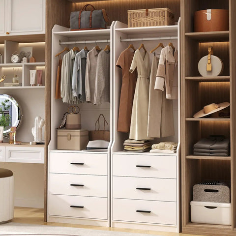 Spacious White Wardrobe Closet System With Three Deep Drawers And A Sturdy Hanging Rod To Keep Your Fits Shirts And Jeans Square While Giving Your Room A Clean Vibe And Making Daily Storage Super Easy Without Any Sweat, showcasing hanging clothes and organized drawers.