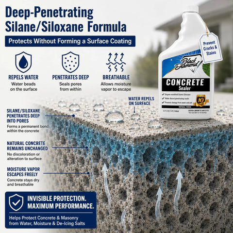 Bomb Proof Clear Concrete Sealer Water Based Waterproofing Spray Slap It On Driveways Or Patios For Crack Free Dry Ground And Stain Proof Grout Low Odor Real Tough Coverage 4 Gallon on concrete surface illustrating water resistance.