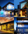 Outdoor views with 2-Pack Motion Sensor Outdoor Flood Light Bulbs PAR38 LED, illuminating houses with 3000K warm white, waterproof design.