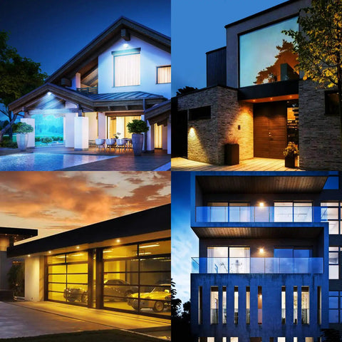 Outdoor views with 2-Pack Motion Sensor Outdoor Flood Light Bulbs PAR38 LED, illuminating houses with 3000K warm white, waterproof design.