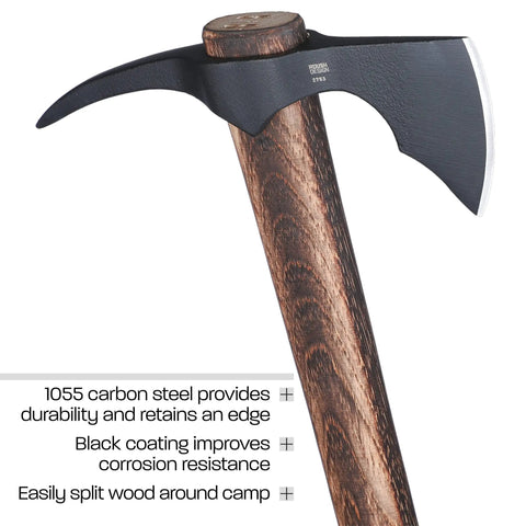 ODR Axe Outdoor Survival Hawk With Spike 1055 Carbon Steel Head Tennessee Hickory Handle close-up on dual-head design