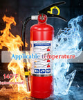 5 Lb ABC Dry Chemical Fire Extinguisher With Quick Release Handle rated for -22°F to 140°F shown with flames and ice.