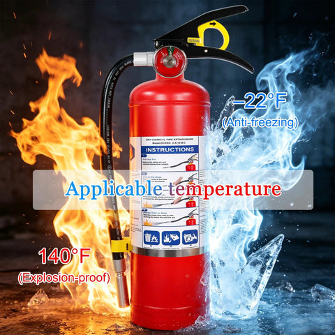 5 Lb ABC Dry Chemical Fire Extinguisher With Quick Release Handle rated for -22°F to 140°F shown with flames and ice.