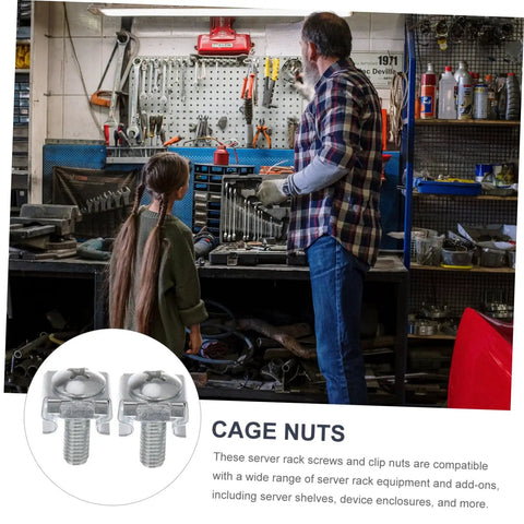 Top Shelf 100 Piece Rack Mount Screws Plus Cage Nuts Forged From Heavy Duty Steel With Zinc Coating To Keep Rust At Bay While You Rack Stack And Run Your Server Gear Like A Pro Without Breaking A Sweat, shown in a tool workshop.