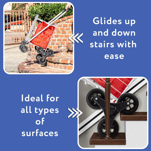 Stair Climber Grocery Cart With Six Wheels And 360 Degree Mobility showing use on stairs and versatile surfaces