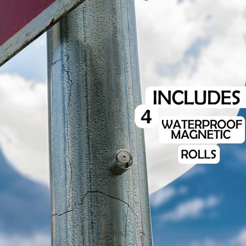 Magnetic Nano Geocache Containers 4 Pack with Waterproof Log Rolls on metal surface outdoors