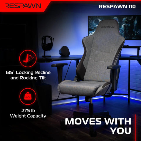 Ergonomic Gaming Chair For PC And Home Office in gray fabric with lumbar support, reclining swivel chair in a desk setup.