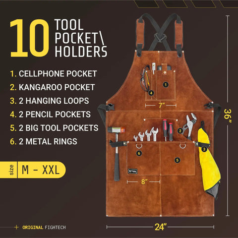 Rugged Leather Welding Apron With Eleven Tool Pockets For Woodworking And Metalworking, sizes M to XXL, 24 x 36 inches, brown leather.