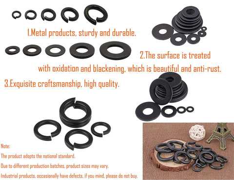 400 Piece Washer Kit With Flat And Spring Lock Washers In M3 M4 M5 M6 M8 Sizes, Carbon Steel Black Finish displayed in layers