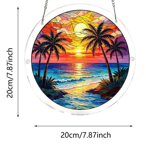 Unique Branches Of Love Acrylic Catcher Puzzle Kit beach scene in a 20cm round frame with sunset and palm trees.