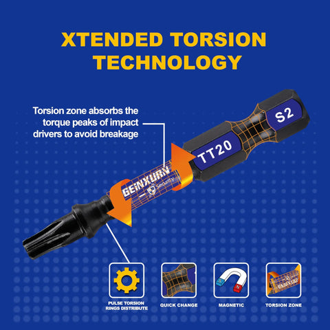 Five Piece T20 Security Torx Bits Rock Solid S2 Steel Impact Driver with XTENDED TORSION TECHNOLOGY for high torque jobs.
