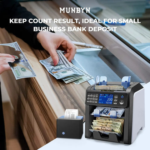 Person using Thermal Printer For Mixed Denomination Money Counters, Plug In And Print Totals By Value And Quantity, Denomination Breakdown And Serial Numbers, Compatible With IMC01 IMC08 Banknote Counters, Fast Receipt Printing.