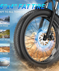Close-up of fat tire and hydraulic disc brake on all-terrain fat tire electric bike for adults with 26 inch tires.