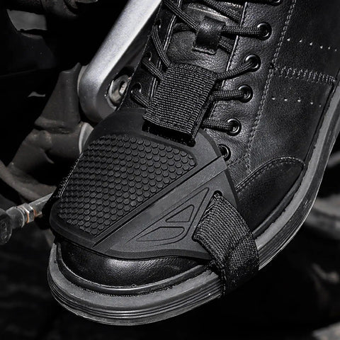 Heavy Duty Rubber Motorcycle Shifter Pad Anti Slip Gear Lever Grip on black sneaker protecting gear lever from wear.