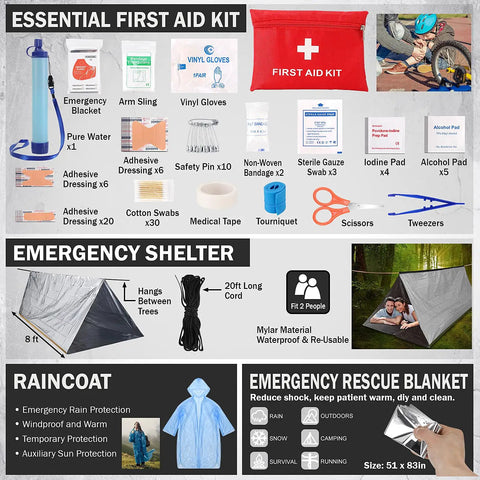 Image of Ultra Durable 258 Piece Outdoor Survival Gear Kit features first aid supplies, emergency tent, raincoat, and rescue blanket.
