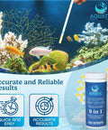 Nine In One Aquarium Water Test Kit With 100 Freshwater And Saltwater Test Strips measuring water conditions in a vibrant fish tank.