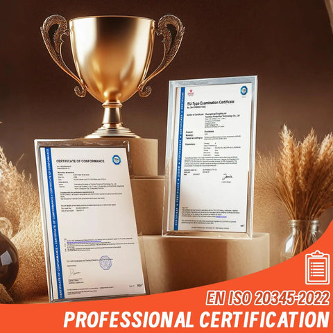 Gold trophy beside framed professional certification documents, CE and EN ISO 20345:2022 accredited.