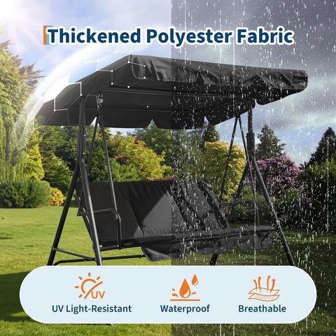 Three Seat Outdoor Porch Swing With Adjustable Canopy, Breathable Cushioned Seat, Heavy Duty Frame, in a garden setting