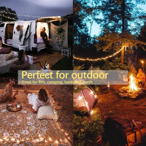 42.6 Foot Battery Powered Fairy Lights With 120 LEDs IP65 Waterproof Twinkle String With Timer And Eight Modes illuminating outdoor camp scene