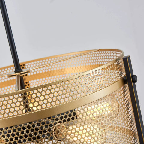 Close-up of gold mesh shade on Farmhouse Drum Chandeliers Pendant Light Fixture with black frame, showing detail and texture.