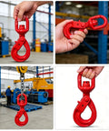 Heavy Duty Rock Solid G80 Alloy Steel Swivel Self Locking Hook 3/8 Inch 2470 Lbs working load in hand, showcasing durable red finish.