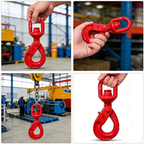 Heavy Duty Rock Solid G80 Alloy Steel Swivel Self Locking Hook 3/8 Inch 2470 Lbs working load in hand, showcasing durable red finish.