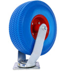 Heavy Duty 10 Inch Flat Free Caster Wheels Swivel And Rigid Casters For Furniture Move Like A Dream With These Tough Blue Cart Casters Roll Smooth On Carpet Or Hardwood 350 Lbs Capacity, featuring a durable blue wheel and metal bracket.