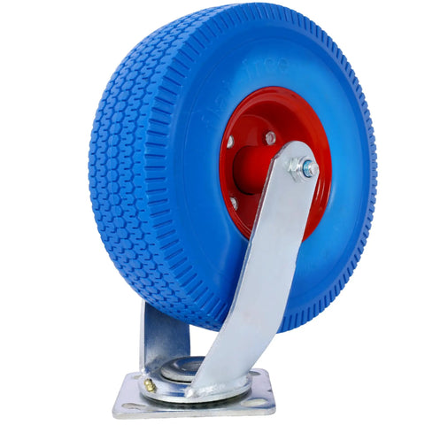 Heavy Duty 10 Inch Flat Free Caster Wheels Swivel And Rigid Casters For Furniture Move Like A Dream With These Tough Blue Cart Casters Roll Smooth On Carpet Or Hardwood 350 Lbs Capacity, featuring a durable blue wheel and metal bracket.
