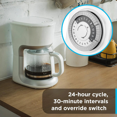 24-Hour Mechanical Outlet Timer Switch With Dual Grounded Plugs for Indoor Lighting, close-up of timer dial next to coffee maker